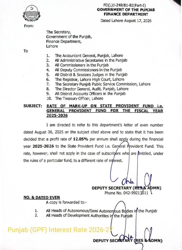 Punjab (GPF) Interest Rate 2026-27