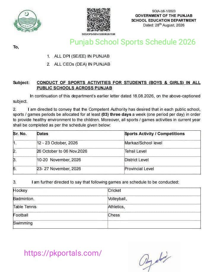 Punjab School Sports Schedule 2026