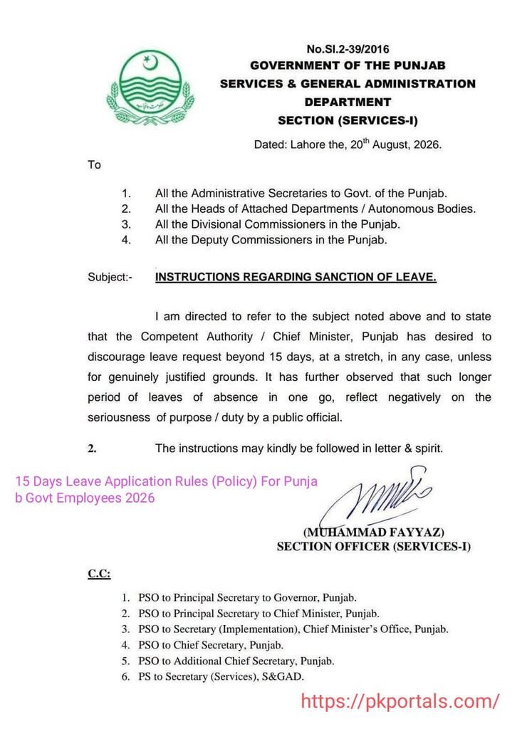 15 Days Leave Application Rules (Policy) For Punjab Govt Employees 2026