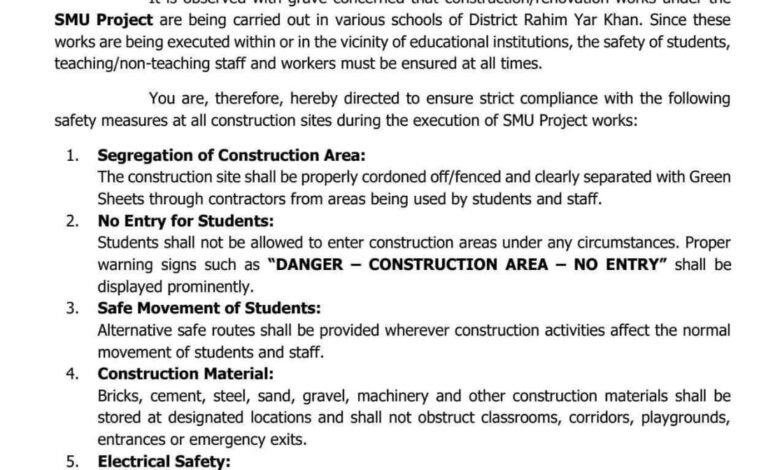 SMU Project School Construction Safety Guidelines 2026 – Rahim Yar Khan