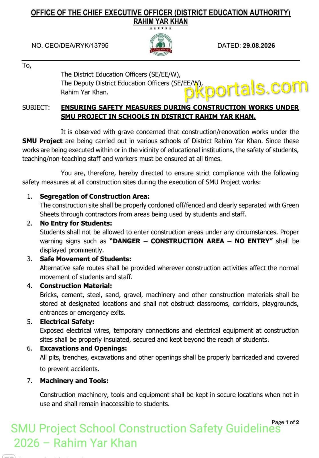 SMU Project School Construction Safety Guidelines 2026 – Rahim Yar Khan