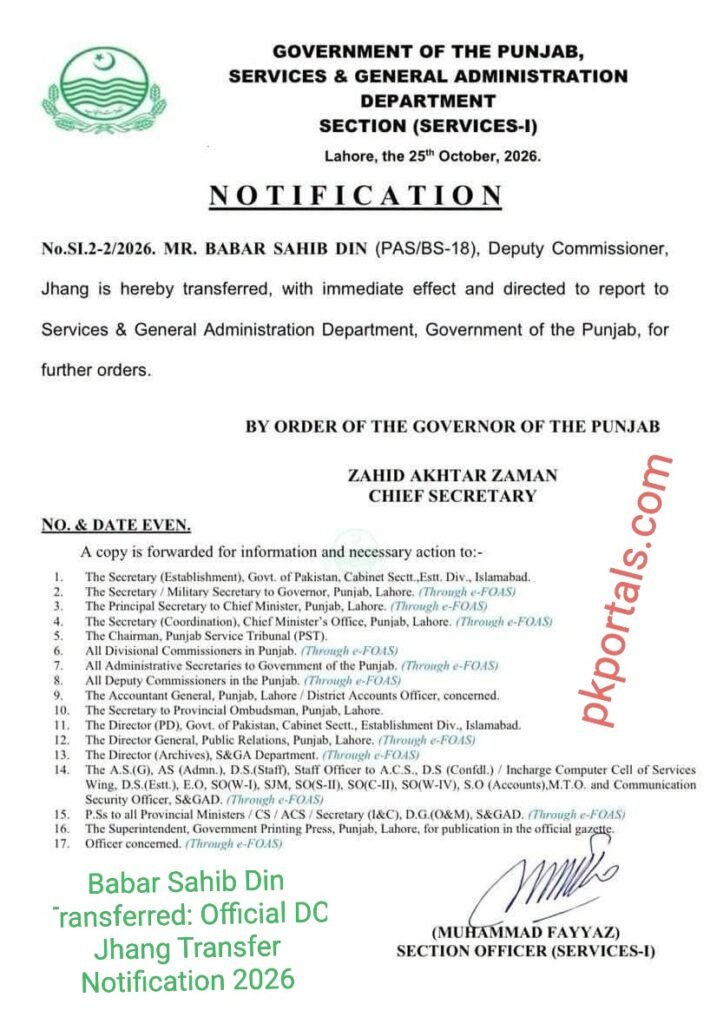 Babar Sahib Din Transferred - Official DC Jhang Transfer Notification 2026