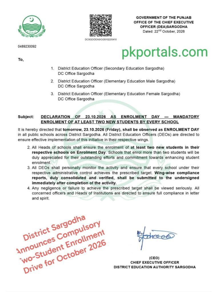 District Sargodha Announces Compulsory Two-Student Enrollment Drive for October 2026